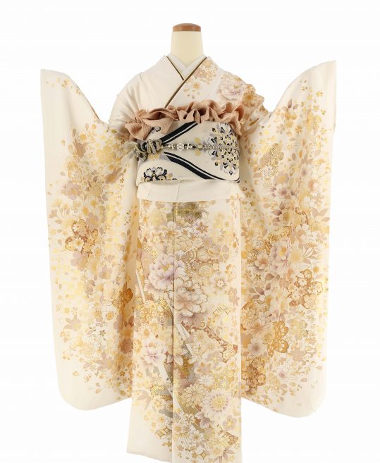 参列振袖[キレイ系]白にベージュゴールド藤色の花と毬[身長170cmまで]No.1099